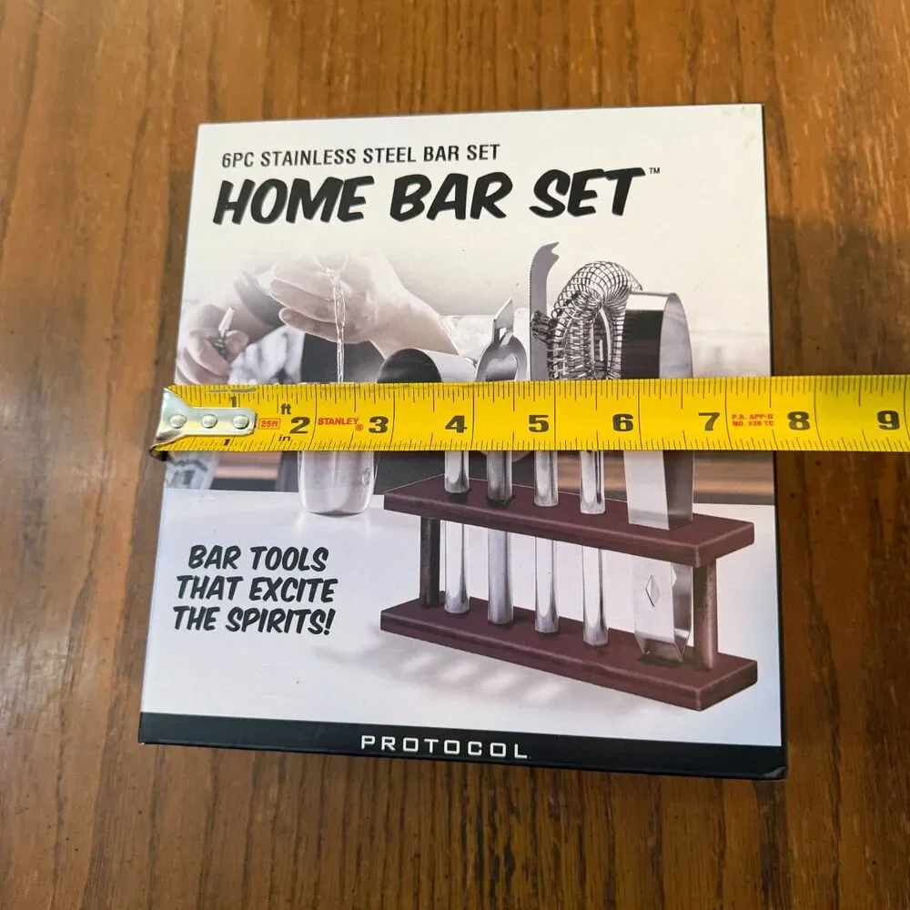 Protocol 6 Pc Stainless Steel Home Bar Set Cocktail Tools w/ Wood Stand New